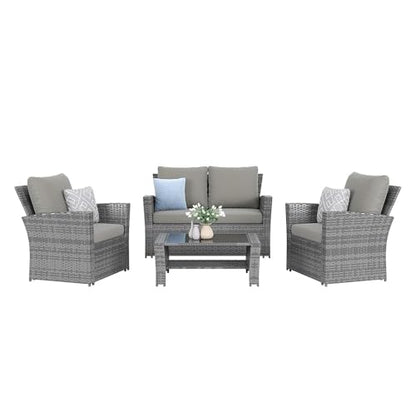 4-Piece Grey Waterproof PE Wicker Outdoor Sectional Sofa Set with Grey Cushions,All-Weather Patio Furniture for Balcony, Porch, Garden - UV-Resistant & Space-Saving Design