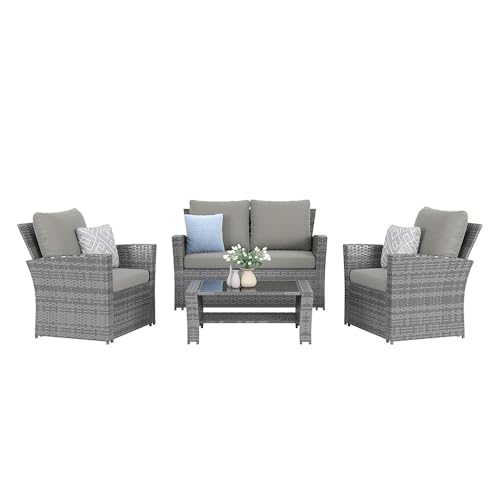 4-Piece Grey Waterproof PE Wicker Outdoor Sectional Sofa Set with Grey Cushions,All-Weather Patio Furniture for Balcony, Porch, Garden - UV-Resistant & Space-Saving Design
