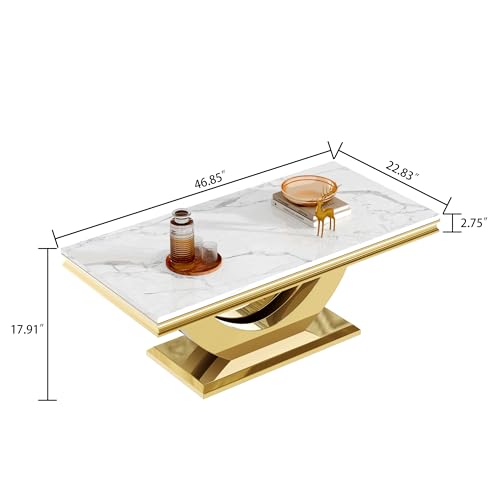 Luxury Faux Marble Coffee Table, 47" White Sofa Coffee Table with 0.71" Thick Marble Tabletop and Gold Mirrored Stainless Steel Base, Modern Cocktail Table Center Table for Living Room Office