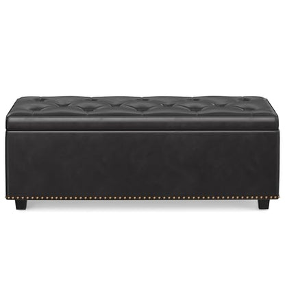 Hamilton 44 inch Wide Traditional Rectangle Lift Top Rectangular Storage Ottoman in Tanners Brown Vegan Faux Leather, Assembled, For the Living Room, Entryway and Family Room