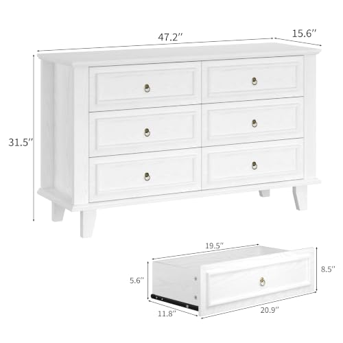 6 Drawers Dresser, 47.2" Wide Chest of Drawers, White, view 3