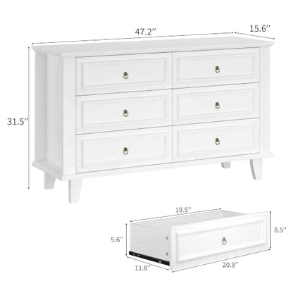 6 Drawers Dresser, 47.2" Wide Chest of Drawers, White, view 3