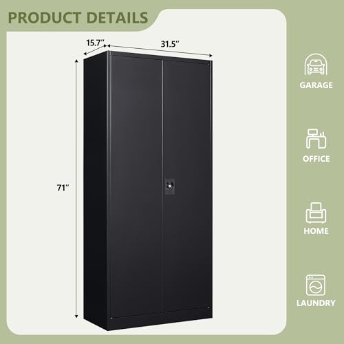 Metal Garage Storage Cabinet with Lock, 71" Locking Tool Cabinet with 2 Doors and 5 Adjustable Shelves, Tall Steel Cabinet Garage for Home,Office,Warehouse，School (Black)