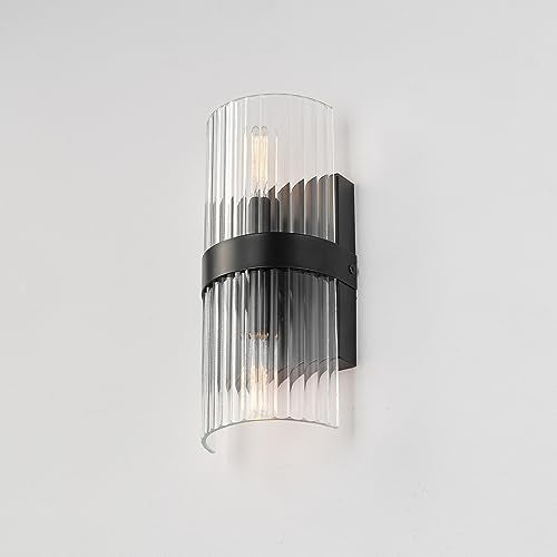 65000050 2-Light Wall Sconce, Matte Black, Ribbed Glass Shade, E12 Base Sockets, Lights for Living Room, Home Decor, Lighting, Mounted Bedside Lamp