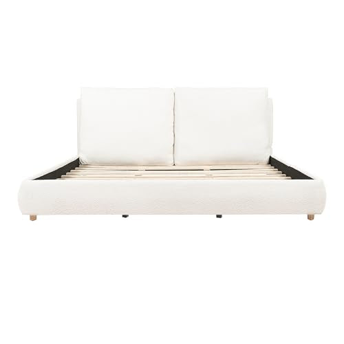 California King Boucle Platform Bed with 2 Headboard Pillows, White, view 7