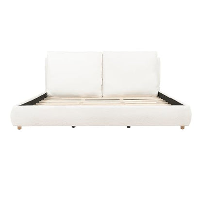 California King Boucle Platform Bed with 2 Headboard Pillows, White, view 7