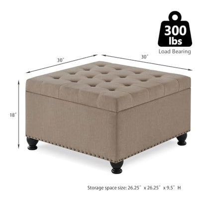 Oversized Square Ottoman Storage Bench for Living Room Bedroom Large Ottoman Coffee Table with Rubber Wood Legs, Linen Fabric Upholstered Foot Stool Foot Rest for Couch Sofa, Light Brown