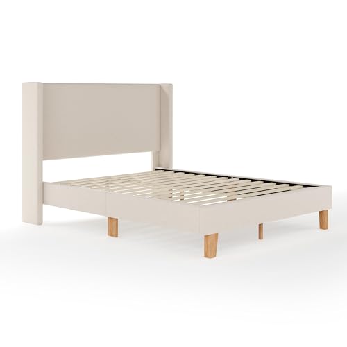 Maisie Queen Wingback Upholstered Platform Bed, Beige, view 4