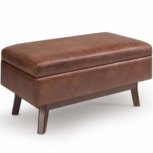 36" Faux Leather Storage Ottoman, Saddle Brown, Mid Century Design, Exposed Solid Wood Base, Lift-Up Lid with Child-Safety Hinge, Cushioned Top, Living Room or Family Room Furniture