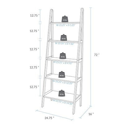 100% Solid Wood 5-Shelf Ladder Bookcase, Standard, 72" H, Chestnut