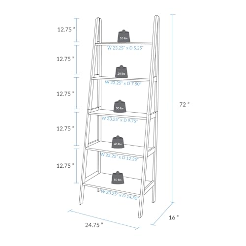 100% Solid Wood 5-Shelf Ladder Bookcase, Standard, 72" H, Chestnut