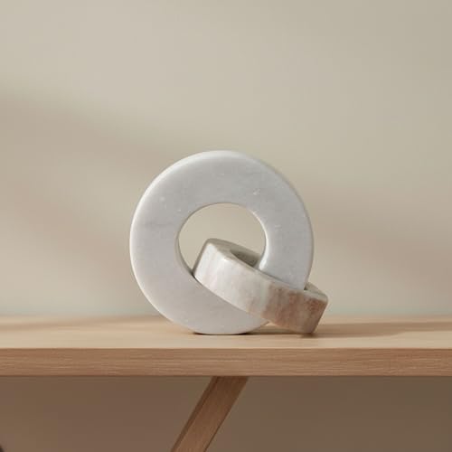 Home Decor and Bathroom Decor Marble Double Ring - Modern Shelf Sculpture and Office Accents for Room Styling - Coffee Table Ornaments and Living Room Decor Statues Design - 6", White & Beige