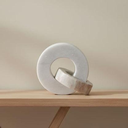 Home Decor and Bathroom Decor Marble Double Ring - Modern Shelf Sculpture and Office Accents for Room Styling - Coffee Table Ornaments and Living Room Decor Statues Design - 6", White & Beige