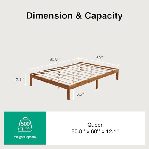 12 Inch Wooden Queen Bed Frame with Sturdy Slat Support, Natural Color, view 3