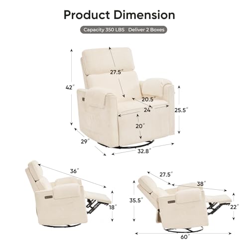 Oversized Power Rocker Recliner Chair, 24" Extra Wide Swivel Recliner with Adjustable Headrest, Chenille Glider Rocking Nursery Chair with Overstuffed Armrest, USB Ports, Cream