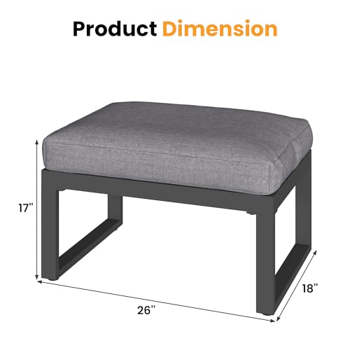 2 Pieces Aluminum Outdoor Patio Ottoman Set, Outdoor Foot Stools with Thick Cushion, Small Seat Furniture for Porch Balcony Backyard, Grey