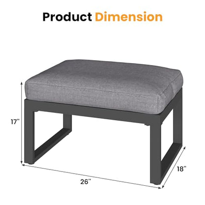 2 Pieces Aluminum Outdoor Patio Ottoman Set, Outdoor Foot Stools with Thick Cushion, Small Seat Furniture for Porch Balcony Backyard, Grey