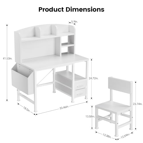 Kids Desk and Chair Set with Hutch, Study Desk with Storage, White, view 4