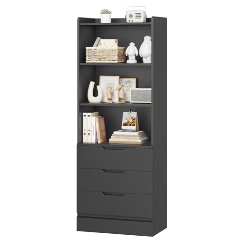 Bookcase with 3 Drawers and Shelves 73.23'' Tall Bookshelf with Storage Modern Wood Closet Drawers System,Closet Organizer Unit Freestanding Tall Storage Cabinet for Home Office,Bathroom,Black