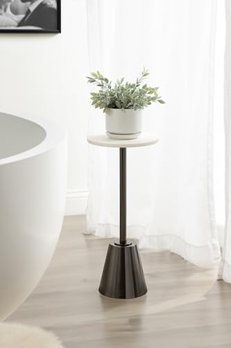Tira Elegant Round Drink Table, 10 x 22, White Marble and Gray Gunmetal, Modern Glam Circle Martini Table for Use as a Small Bedroom Nightstand or Living Room Plant Stand Option