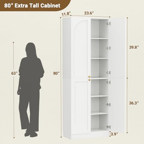 80" Storage Cabinet, Tall Arched Bookcase with 4 Soft Close Doors, 6-Tier Wooden Pantry with Adjustable Shelves, Seamless Fit Wall for Home Office, Living Room, Kitchen (White)