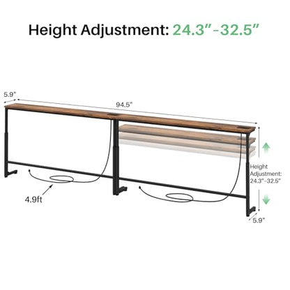 94.5" Extra Long Behind Couch Table, Adjustable Height Narrow Console Table with 2 Power Strips, Split Design for Separate Wall Use, Anti-Scratch Tip, Rustic Brown for Living Room