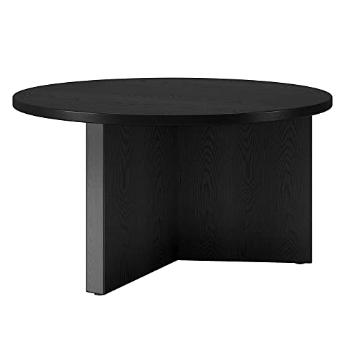 32" Round Wood Pedestal Coffee Table for Living Room, Family Room, Office, or Apartment, Natural Black