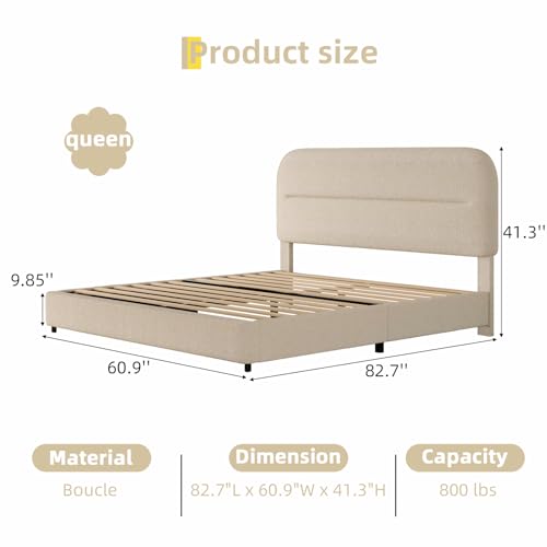 Queen Size Cloud Bed Frame, Beige Plush Boucle Upholstered Bed, view 3