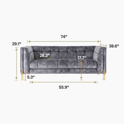 Luxury Modern Mid-Century Square Tufted Velvet Small Sofa for Living Room Bedroom Furniture, 74”W Loveseat, Deep Grey