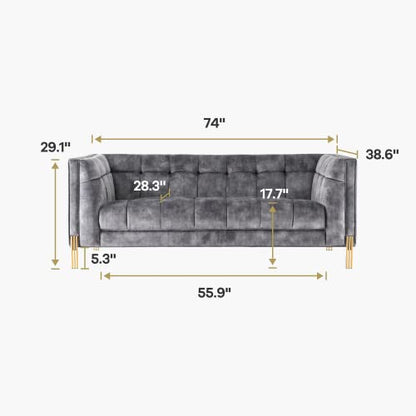 Luxury Modern Mid-Century Square Tufted Velvet Small Sofa for Living Room Bedroom Furniture, 74”W Loveseat, Deep Grey