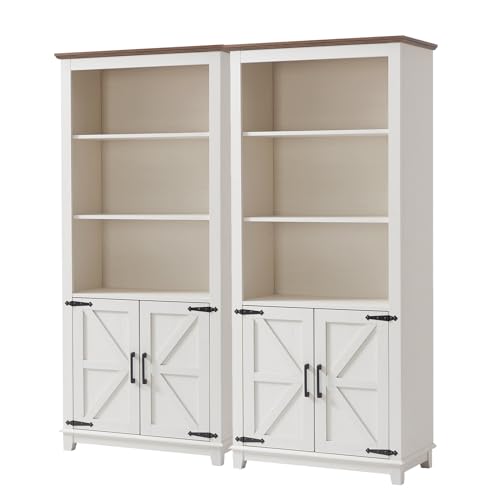 2-Piece 5-Tier Farmhouse Bookcase with Barn Doors, Rustic White, view 2