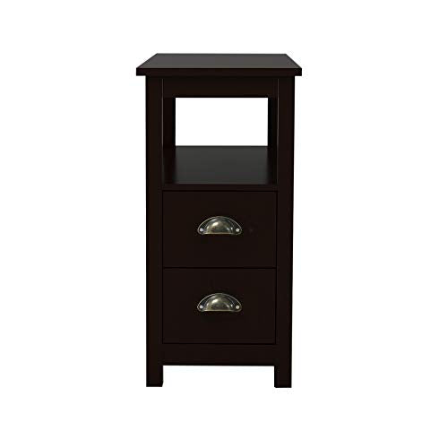 Narrow End Table with 2 Drawers and 1 Open Shelf Space Bedside Table, Retro Side Table for Living Room Bedroom Home Furniture Side Table (Brown)