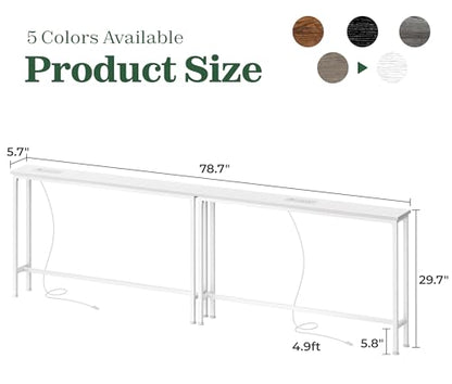 5.7 Inch Narrow Console Table with Outlet, Sofa Tables, Total Length 78.8'', Behind Couch Table, Long Entryway Tables with Charging Station, for Living Room, White