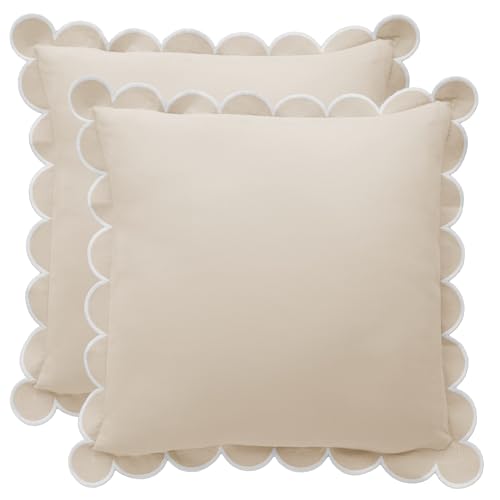 Scalloped Pillow Cover - Set of 2 - 18 x 18 Inch - Scallop Pillow Cover Natural/White/Beige - 100% Cotton - Grandmillennial Style