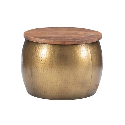 Large Drum Accent Table, 27.5 in, Mango Wood & Hammered Brass Finish, Hidden Storage, Modern Coffee Table or Ottoman, Handcrafted Decorative Furniture for Living Room or Bedroom