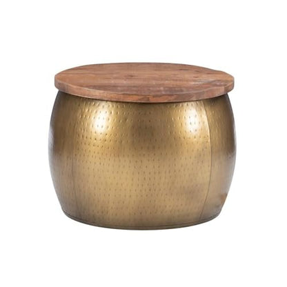 Large Drum Accent Table, 27.5 in, Mango Wood & Hammered Brass Finish, Hidden Storage, Modern Coffee Table or Ottoman, Handcrafted Decorative Furniture for Living Room or Bedroom