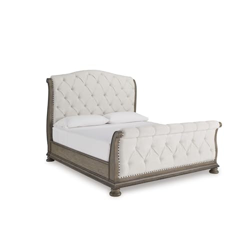 Upholstered Sleigh Bed Frame in Light Brown, view 2