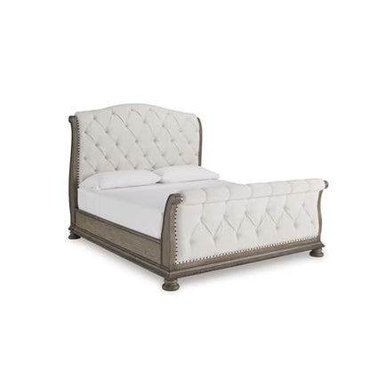 Upholstered Sleigh Bed Frame in Light Brown, view 2