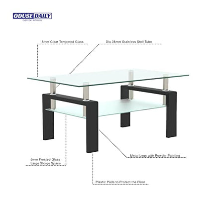 Morden Design Rectangle Glass Coffee Table for Living Room, with Black Metal Legs, Clear Tempered Glass
