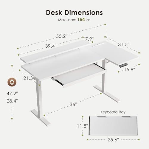 55 Inch Reversible L Shaped Electric Standing Desk, White, view 4