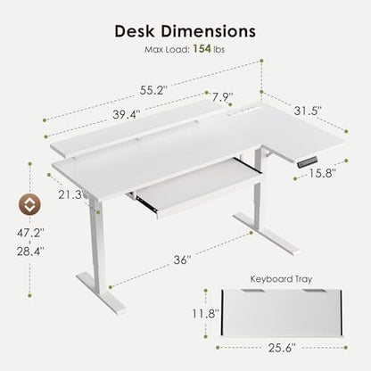 55 Inch Reversible L Shaped Electric Standing Desk, White, view 4