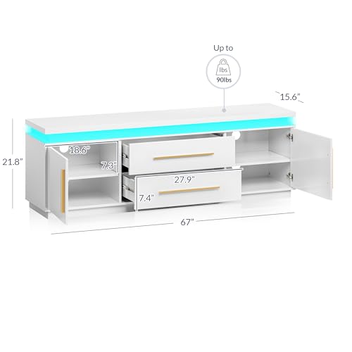 67" TV Stand for TV up to 75", Modern Entertainment Center with LED Lights Change to Melody of Music, Media Console Table with Cabinets and Drawers for Living Room, Bedroom - Studio (White)