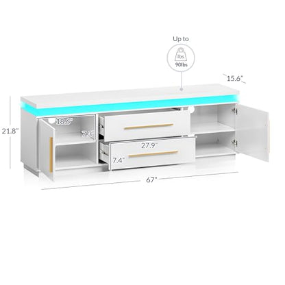 67" TV Stand for TV up to 75", Modern Entertainment Center with LED Lights Change to Melody of Music, Media Console Table with Cabinets and Drawers for Living Room, Bedroom - Studio (White)
