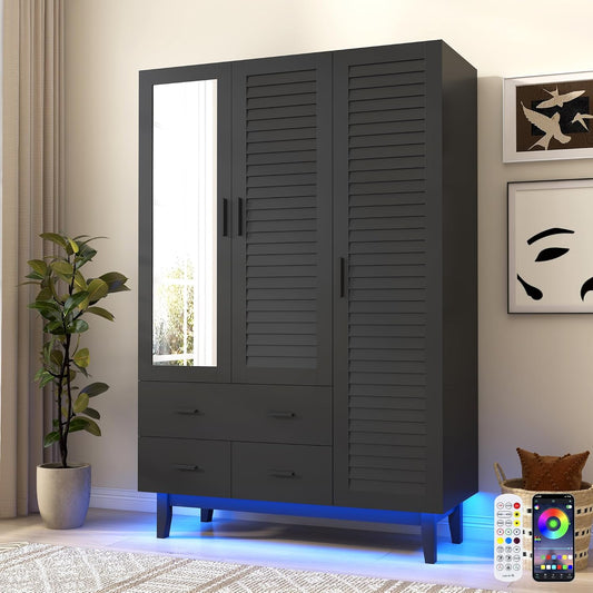 3 Door Armoire Wardrobe Closet Cabinet with Drawers and LED Lights, Multi-Tier Shelves, Hanging Rod & 3 Louver Doors, Large Capacity Storage Wardrobe Armoire for Bedroom(3 Doors Black)