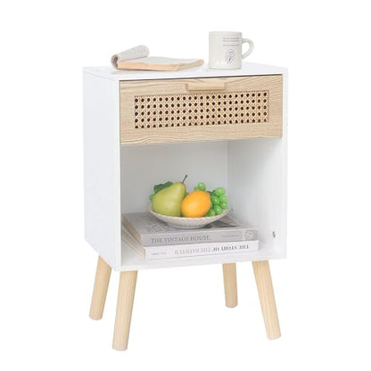 White Rattan Nightstand, Modern Nightstand with Rattan Drawer, Modern Wooden Bedside Table with Solid Wood Legs for Bedroom, and Small Spaces (White)