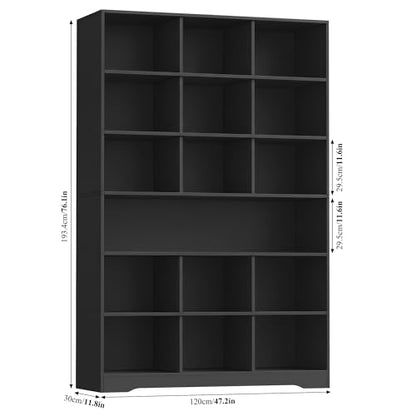 76” Tall Bookshelf with Storage, 6 Tier Black Bookcase with 16 Open Display Shelves, Triple Wide Large Bookshelves and Bookcases, Wood Book Shelf Storage Cabinet for Home Office (Black)