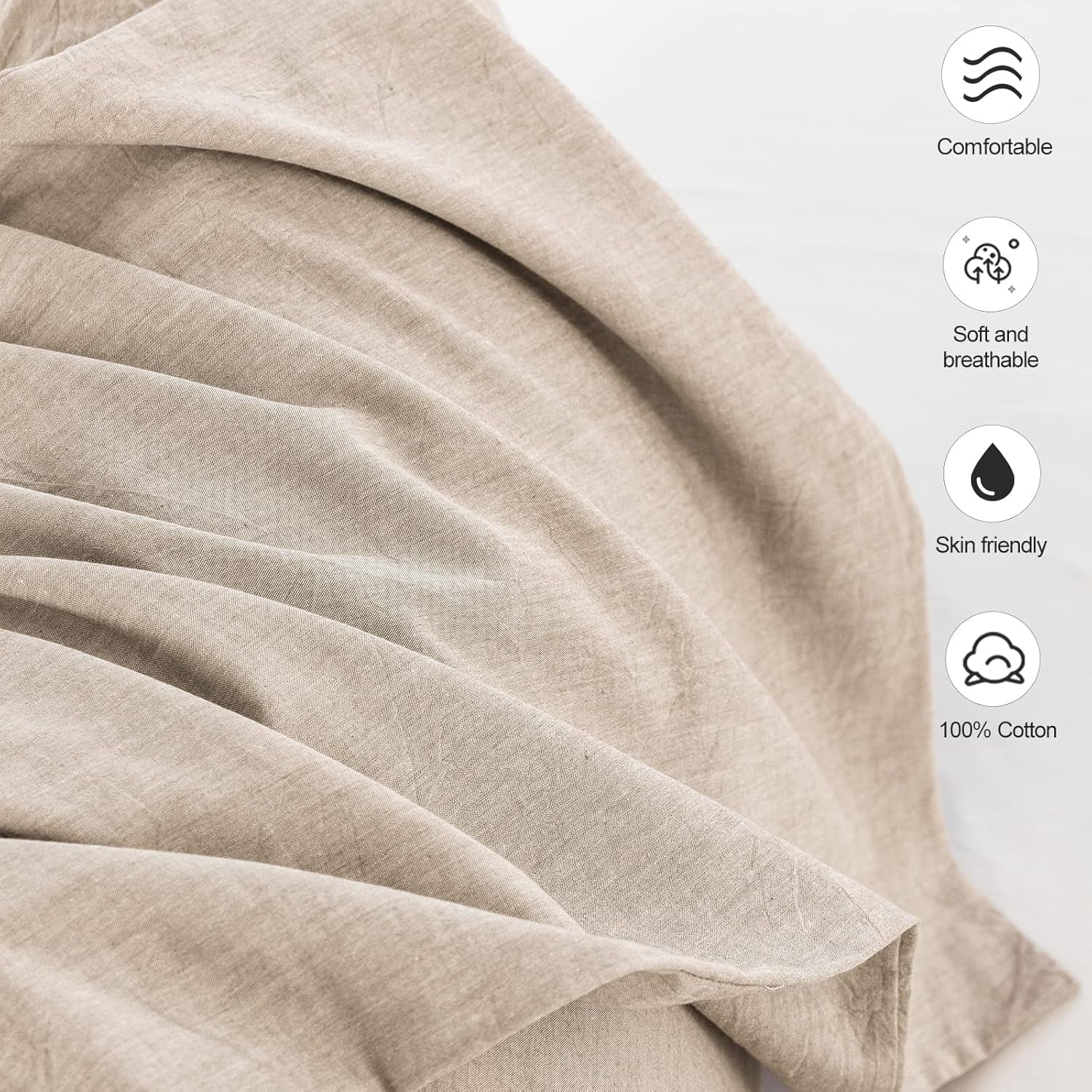 Bedding Pillowcases Pack of 2 100% Washed Cotton Linen like Textured Breathable Durable Soft Comfy (Heathered Taupe, Queen)