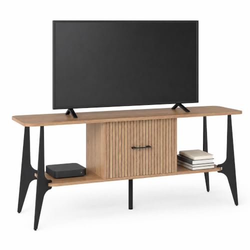Modern TV Stand, Fluted Media Console with Storage, Open Shelves, Oak, view 2