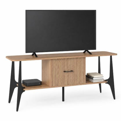 Modern TV Stand, Fluted Media Console with Storage, Open Shelves, Oak, view 2