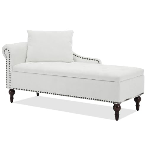 Velvet Chaise Lounge with Storage & Left Armrest, White, view 2